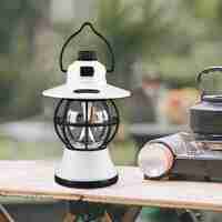 Lampă de camping retro portabilă, Felinar Vintage LED ABS, Acumulator inclus 1200 mAh, reincarcabila, 20 cm inaltime, 3 moduri de iluminare, intensitate reglabila,Lampa portabila pentru cort în aer liber, Alb