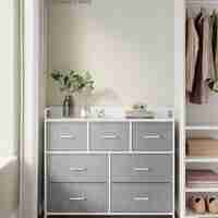 SONGMICS Comoda cu cadru metalic si 7 sertare din stofa, 29x98x85 cm , gri si alb