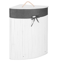 Cos de rufe triunghiular pentru colt cu capac, bambus si sac textil detasabil, 60 litri, 55x35x60 cm, alb si gri