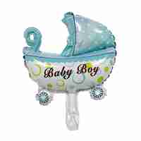 Balon din Folie Metalizata, Vafy, Mini Figurina, Model Carucior Bebelus, Tematica Gender Reveal, 39x29 cm, Ambalaj Individual, Pai Inclus, Umflare cu Aer sau Heliu, Albastru