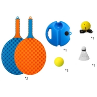 Set Badminton pentru Copii, Flippy, Doua Palete, Fluturas, 2 Mingi, Minge cu Elastic pentru Antrenament, Suport de Prindere Stabil, 41x23 cm, Albastru Portocaliu