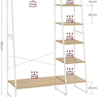 VASAGLE Raft pentru haine cu suport pentru pantofi, 5 polite, 6 carlige laterale, 45x120x160cm, alb