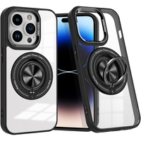 Husa de Protectie TPU, Vafy, pentru iPhone 16 Pro Max, Anticadere, cu Incarcare Wireless, Tehnologie Magsafe, Inel Magnetic Rotativ cu Functie de Suport, Transparent-Negru
