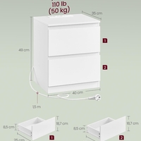 VASAGLE Noptiera Kailyn cu 2 sertare, 2 prize integrate si 2 porturi USB, 40x35x49 cm, alb