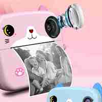 Camera Instantanee pentru Copii, Flippy, cu Functie de Printare, Camera Frontala + Selfie, Cablu USB-C, Bluetooth, Compatibil iOS/Android, Imprimare APP, Model Pisica, Roz