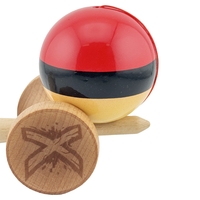 Kendama X Originala, Profesionala, Flippy, Big Cups V2, Super Sticky cu Cupe Mari, Rulment Metalic, din lemn 18 cm, Ata 55 cm, Rosu/Negru/Galben