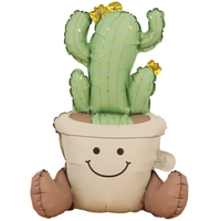 Balon din Folie Metalizata, Flippy, Figurina Animata, Model Ghivechi Cactus, 57.5 x 56 cm, Ambalaj Individual, Pai Inclus, Umflare cu Aer sau Heliu, Verde