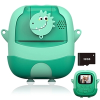 Set Camera Instantanee pentru Copii, Flippy, Ecran HD 2.4'', 24MP, 720P Video, 1200 mAh, cu Functie de Printare Alb-Negru, cablu USB-C, Bluetooth, Compatibil iOS/Android, Imprimare APP, Model Dinozaur, Verde