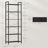 VASAGLE Biblioteca 6 niveluri, cu cadru metalic si rafturi PAL, 66x30x186 cm, negru