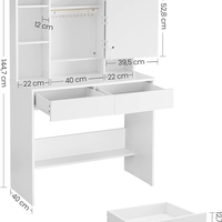 VASAGLE Masa de toaleta cu oglinda, iluminare LED reglabila, 2 sertare, 90x40x145cm, alb