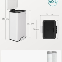 SONGMICS Cos de gunoi din otel, cu pedala si soft-close, saci gunoi inclusi, 40 litri, alb