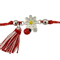 Martisor Bratara cu Ciucure pentru Dama, Jolie, Model Margareta cu Buburuza, Set 12 bucati, Pandativ din Inox, Snur Reglabil, Rosu/Alb
