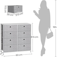 SONGMICS Comoda cu 8 sertare din material textil, cadru metalic si blat MDF, 80x30x81 cm, gri si alb