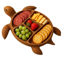Platou pentru Servire, Vafy, in Forma de Broasca Testoasa, 3 Compartimente pentru Mezeluri, Branzeturi, Snacksuri, Fructe, Design Artistic, din Lemn Masiv, 24 x 24 x 3 cm, Maro