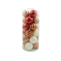 Set de 24 ornamente de brad, Flippy, de tip Glob, Alb/ Rosu, cu ø de 7 cm, din plastic, cu finisaj sclipitor , cutie 16 cm lungime x 36 cm inaltime x 16 cm adancime, Resigilat