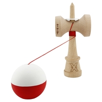 Kendama X Originala, Profesionala, Flippy, Rubber Grip, Cupe Mari KING SIZE V3, Gaura in Baza, Rulment Metalic, din lemn 18 cm, Ata 62/65 cm, Bicolor Alb/Rosu