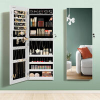 SONGMICS Dulap pentru bijuterii, cu oglinda design fara rama, MDF, montare pe perete sau usa, 37x10x108 cm, alb