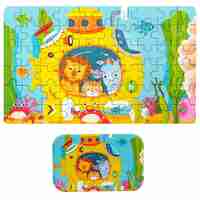 Puzzle 60 de Piese din Lemn in Cutie Metalica, Flippy, Model Submarin, Educativ, Dezvoltare Abilitati Cognitive, pentru Prescolari, 22.5x13.5 cm
