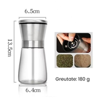 Rasnita Manuala pentru boabe, Vafy, Rasnita pentru Piper Sare Cafea, din Sticla cu Otel inoxidabil, 13.5 x 6.5 cm, volum 180 ml, Transparenta cu Capac din Inox