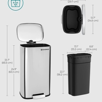 SONGMICS Cos de gunoi din otel cu pedala, galeata interioara plastic, capac inchidere lenta, 30L, 35x30x63cm, argintiu