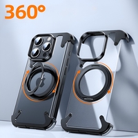 Husa de Protectie Compatibil cu iPhone 15 Pro Max, Vafy, Incarcare Wireless, Tehnologie Magsafe, Inel Magnetic Rotativ 360 cu Functie de Suport, Rama Metalica, Carcasa din PC, Negru Transparent