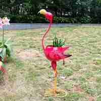 Decoratiune pentru Gradina, Vafy, Flamingo pentru Gradina cu Suport pentru Plante Flori, Ornament de Ghiveci de Flori, Model Flamingo, din Fier, 73 x 34 x 22 cm, Roz