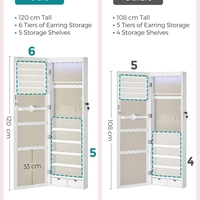 SONGMICS Dulap pentru bijuterii cu oglinda, montare pe perete sau usa, material MDF, inchidere cu cheie, 120x37x10 cm, alb