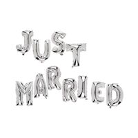 Set Baloane din Folie Metalizata, Flippy, Figurine Litere, Model Just Married, Tema Nunta, 40 cm, Baloane Party, Ambalaj Individual, Pai inclus, Umflare cu Aer sau Heliu, Argintiu