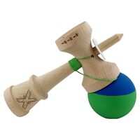 Kendama X Originala, Profesionala, Flippy, Rubber Grip, Cupe Mari KING SIZE V3, Gaura in Baza, Rulment Metalic, din lemn 18 cm, Ata 62/65 cm, Bicolor Albastru/Verde