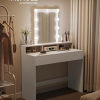 VASAGLE Masa de toaleta cu oglinda LED cu luminozitate reglabila, 2 sertare si 3 compartimente, 100x40x145 cm, alb