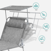 SONGMICS Sezlong pliabil, cu parasolar si tetiera, spatar reglabil in 4 pozitii, maxim 150kg, 200x71x38 cm, gri