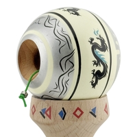 Kendama X Originala, Profesionala, Flippy, DRAGON Series, Super Sticky cu Cupe Mari King Size V3, Rulment Metalic si Gaura in Baza, din Lemn 18 cm, Ata 62/65 cm, Gri/Verde deschis