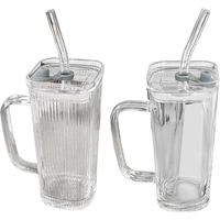 Pahar pentru Racoritoare, Vafy, din Sticla, 330 ml, cu Pai si Maner, Model Clear Dungi Verticale, Transparent