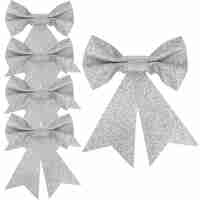 Set 4 ornamente pentru bradul de Craciun, fundita, 13cm, argintiu
