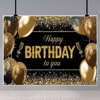 Banner Tip Fundal pentru Poze, Flippy, din Panza, 185 x 110 cm, Sfoara 6 m, Prindere in 4 Colturi, Happy Birthday to You, Negru/Auriu