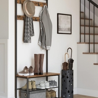 VASAGLE Cuier pentru haine cu banc de depozitare a pantofilor, cadru din otel, 32x70x177cm, industrial, maro rustic si negru