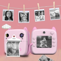 Camera Instantanee pentru Copii, Flippy, cu Functie de Printare, Camera Frontala + Selfie, Cablu USB-C, Bluetooth, Compatibil iOS/Android, Imprimare APP, Model Pisica, Roz