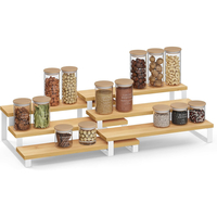 SONGMICS Raft de depozitare extensibil cu 3 nivele, bambus, stivuibil, 32x25x11cm, maro natur si alb