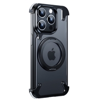 Husa de Protectie Compatibil cu iPhone 15 Pro, Vafy, Incarcare Wireless, Tehnologie Magsafe, Inel Magnetic Rotativ 360 cu Functie de Suport, Rama Metalica, Carcasa din PC, Negru Transparent
