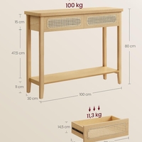 VASAGLE Consola hol 100x30x80 cm, 2 sertare, raft deschis, colturi rotunjite, stil boho, MDF si ratan PVC, bej stejar