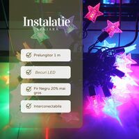 Instalatie de Craciun Liniara RGRB Yoto, 10 m, din care 1 m Prelungitor 220V, 40 LED, Model Stelute, Utilizare Interior/Exterior, Interconectabila, Fir Negru, multicolor