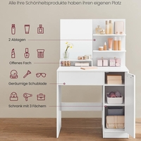 VASAGLE Masuta de toaleta cu oglinda, dulap si sertar pentru cosmetice, 80x40x132cm, alb