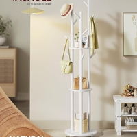 VASAGLE Cuier din lemn masiv, cu 11 agatatori si 3 rafturi, 4 roti detasabile rotative 360°, 40x40x175 cm, alb
