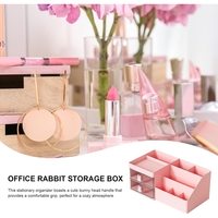 Cutie de Depozitare pentru Birou, Flippy, Pentru Makeup, Papetarie, Organizator Cosmetice, 2 Sertare si Compartimente Multiple, Model Iepuras, Plastic, 27.5x15.5x12 cm, Roz