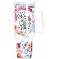 Cana Termos din Plastic, Flippy, pentru Bauturi Calde si Reci, cu Maner, Imprimeu Floral, cu Mesaj pentru Mama, Alb, 10x7.6x27.5 cm