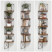 VASAGLE Raft de perete pentru colt, cadru otel cu 5 etaje din MDF, 20x20x128cm, maro rustic si negru