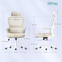 SONGMICS Scaun de birou ergonomic mesh, suport lombar dinamic, tetiera reglabila, brate rabatabile, 70x70x135 cm, bej