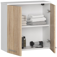 Dulap baie suspendat, cu 2 usi si 1 raft interior, PAL 16 mm, 60x23x60 cm, alb si stejar sonoma