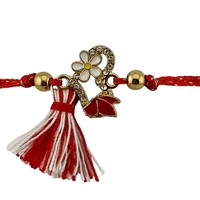 Martisor Bratara cu Ciucure pentru Dama, Jolie, Model Inima cu Margareta, Set 12 bucati, Pandativ din Inox cu Pietre, Snur Reglabil, Rosu/Alb