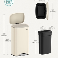 SONGMICS Cos de gunoi din otel cu pedala, galeata interioara plastic, capac inchidere lenta, 30L, 35x30x63cm, bej